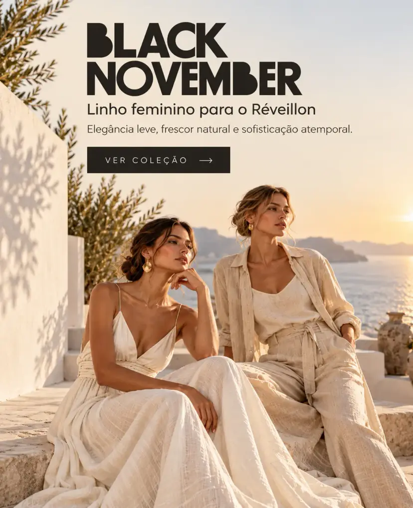 Black November: linho feminino para o Réveillon, com elegância leve e frescor natural.