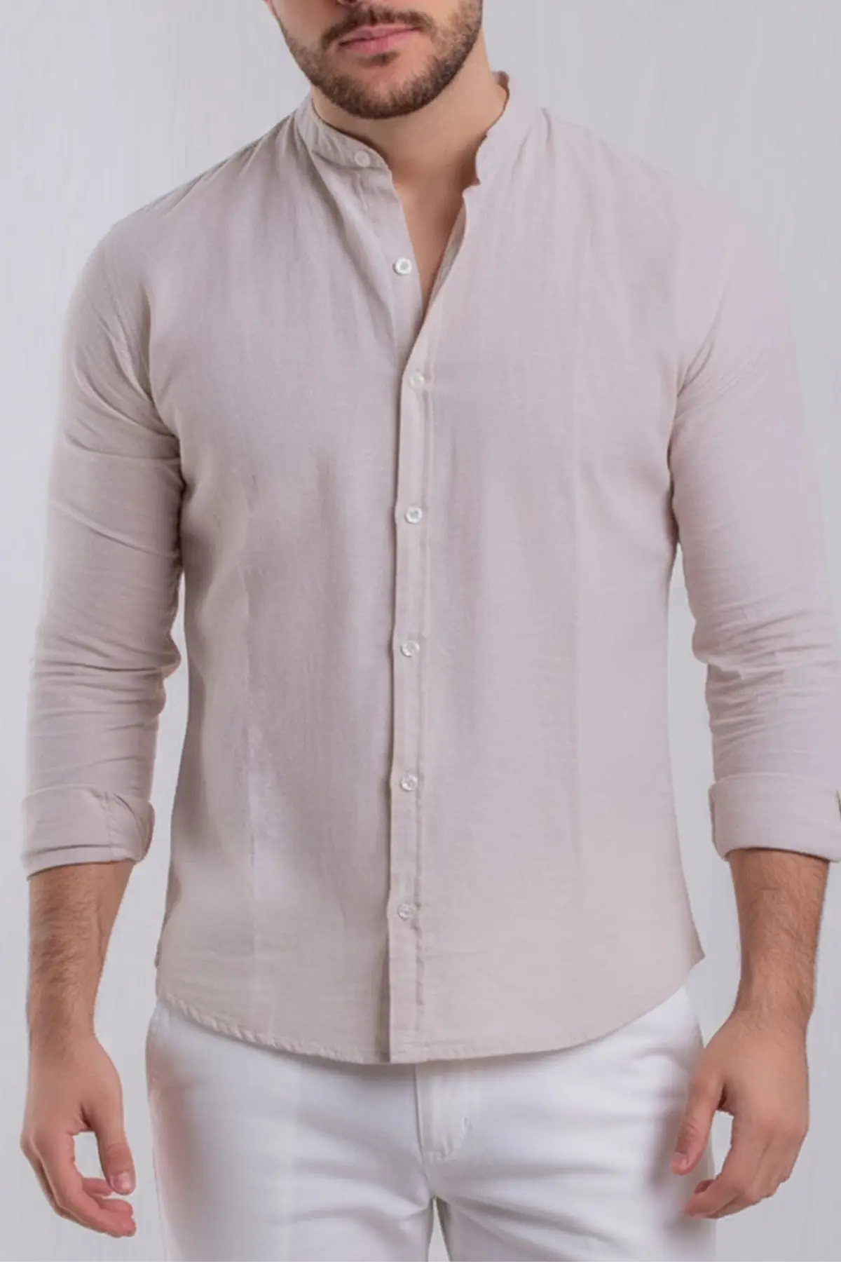 Camisa Linho Natural Gola Padre Manga Longa