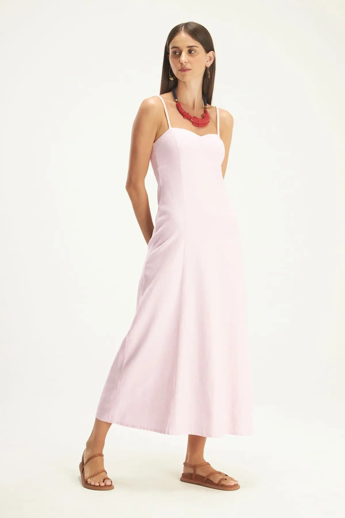 Vestido Alça Linho Escamas Rosa