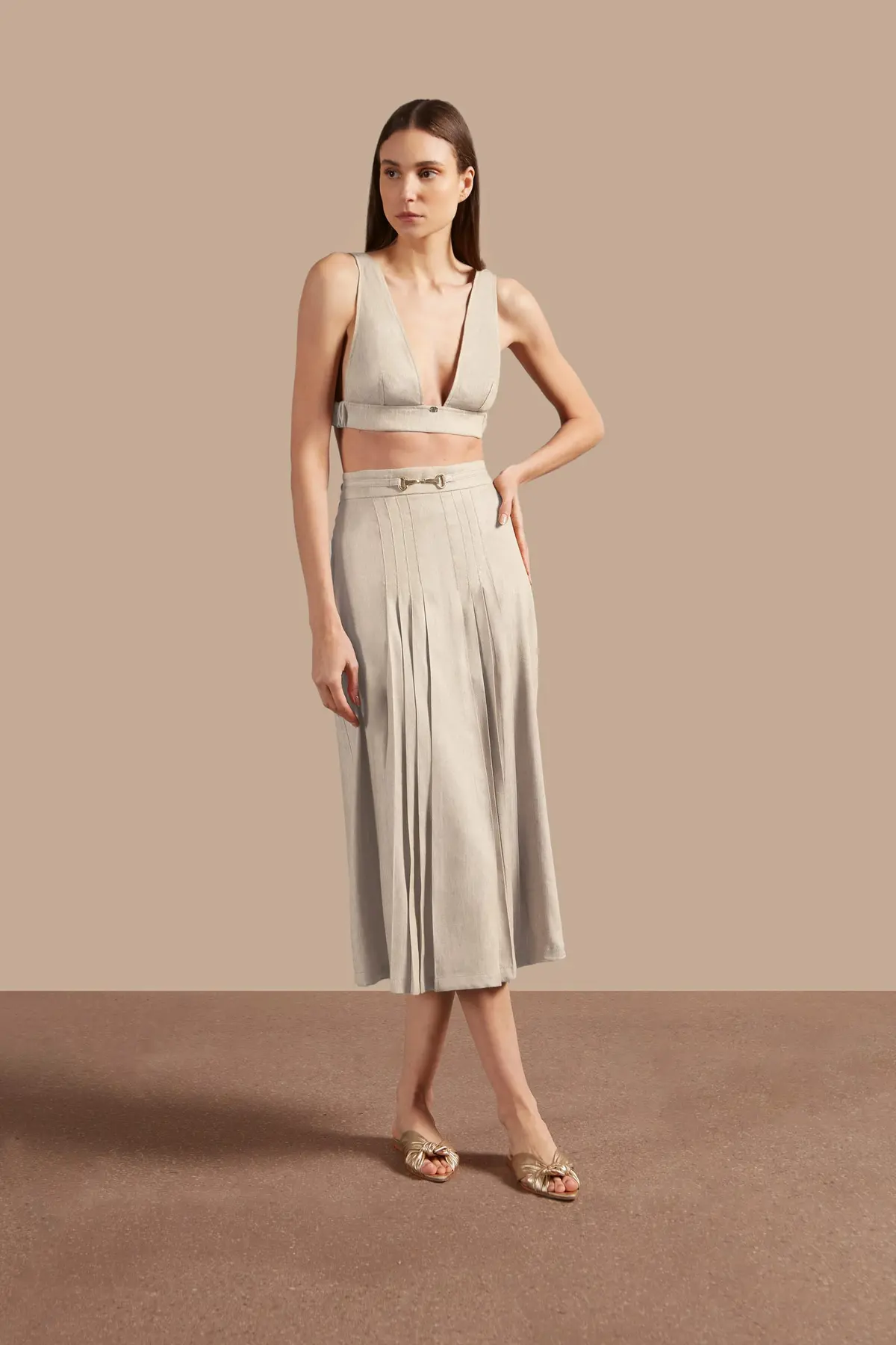 Saia Midi Pregas Jeans de Linho