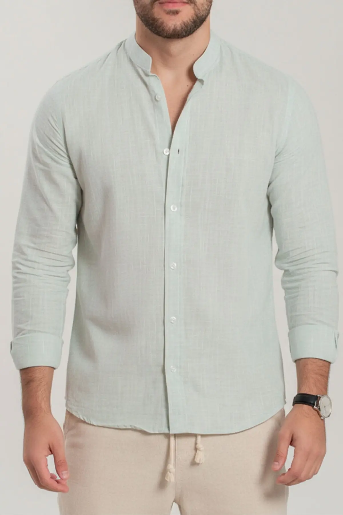 Camisa Gola Padre Linho Verde Manga Longa