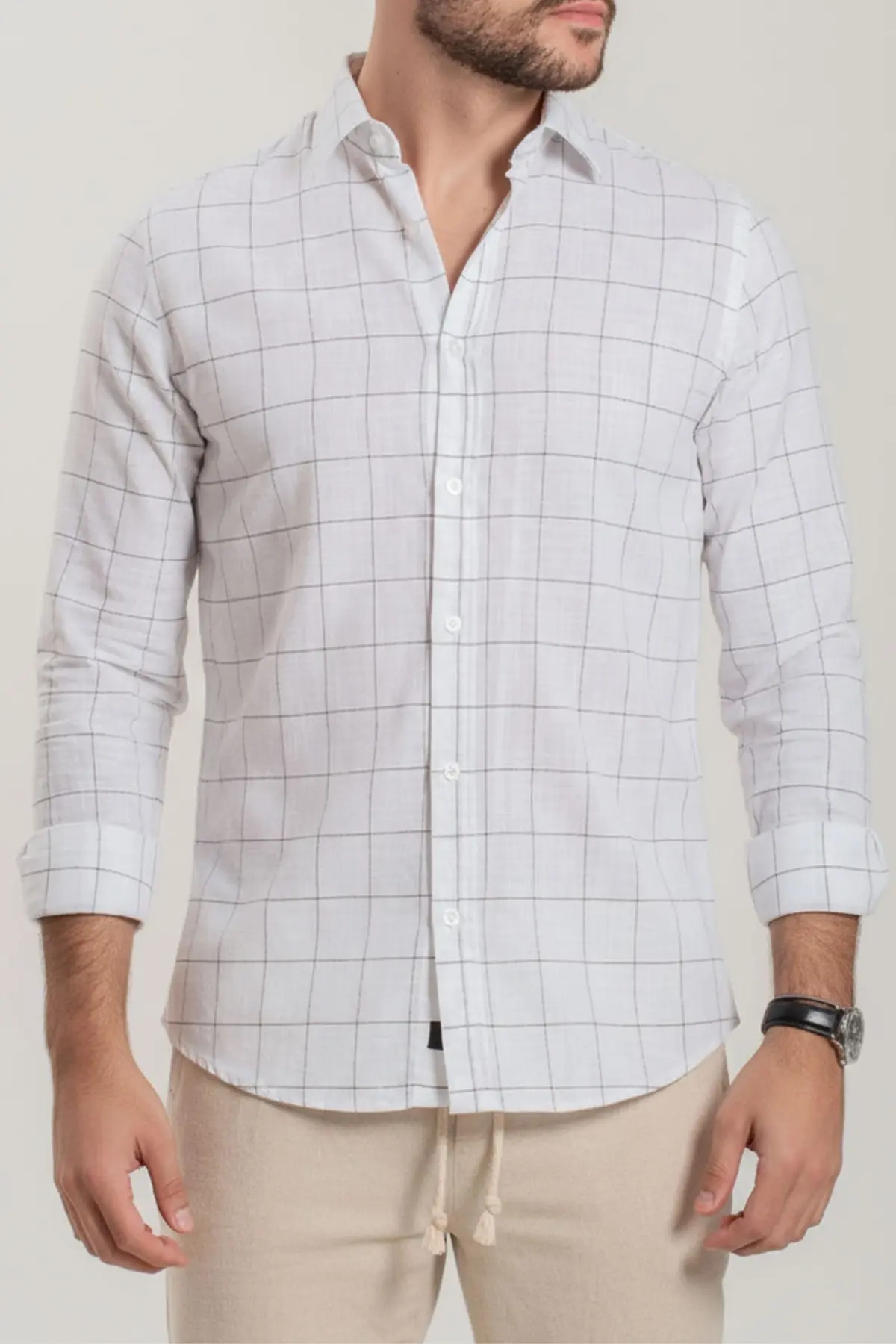 Camisa Listra Branca Textura Linho Manga Longa