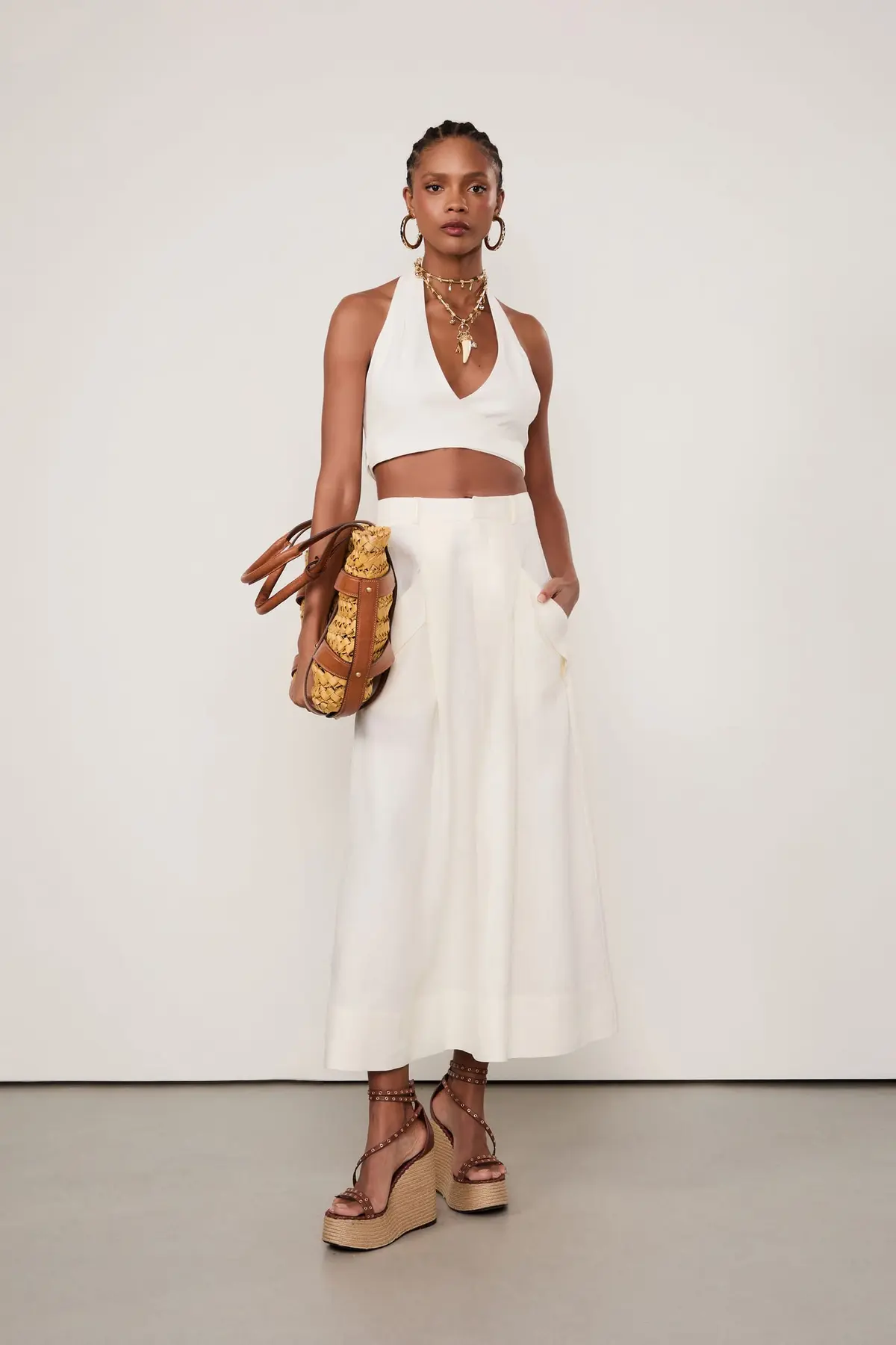 Saia de Linho Midi Ampla com Bolsos e Cinto Off-White