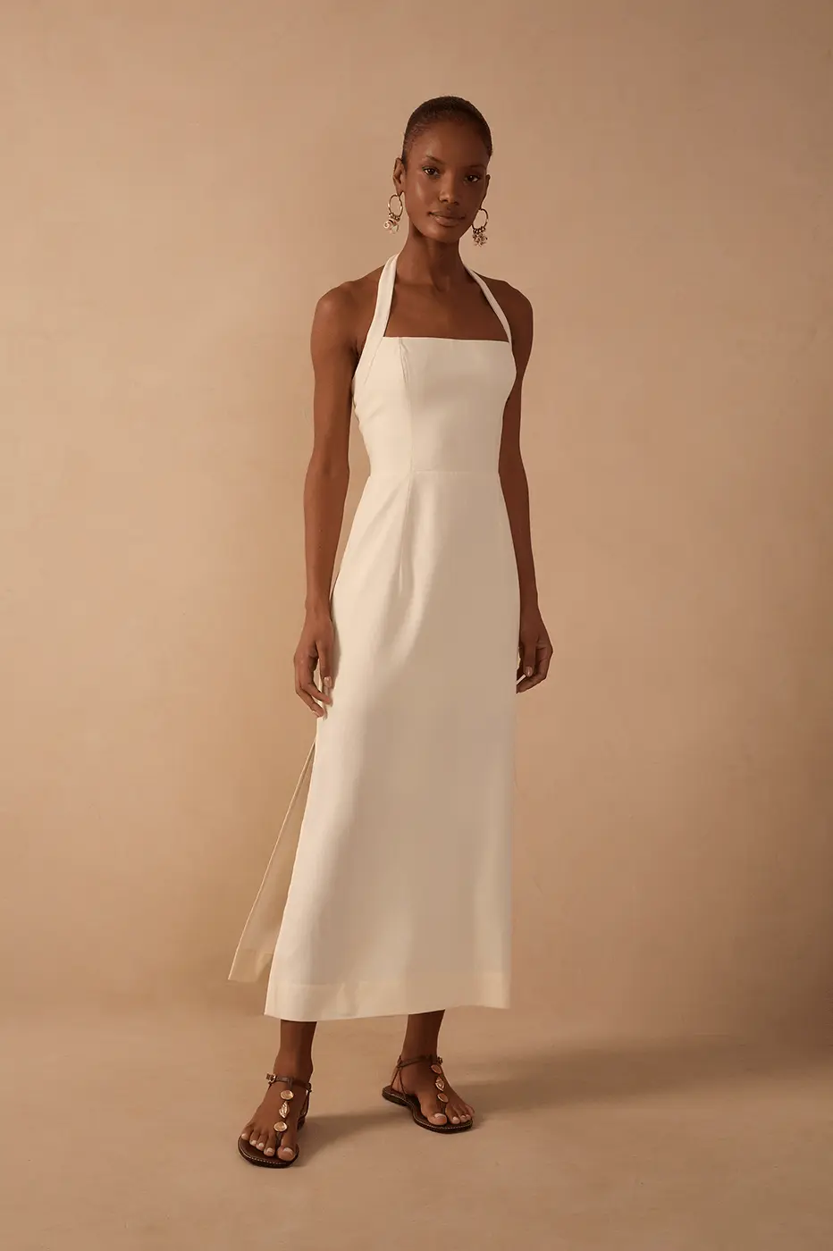 Vestido Midi Linho Amarração Pescoço