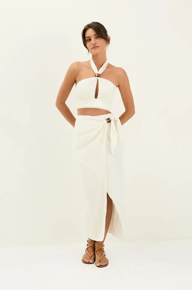 Saia Midi Luna Detalhe Off-White de Linho
