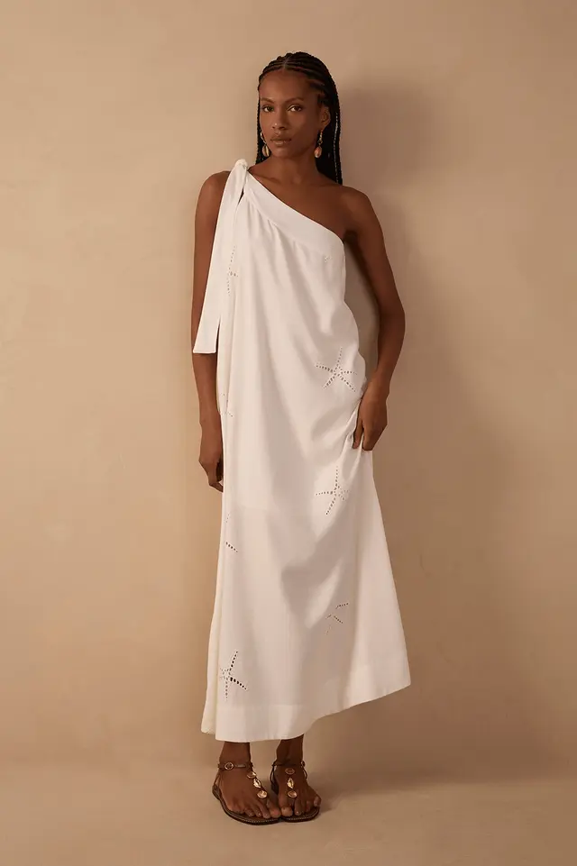 Vestido Midi Linho Bordado Estrela