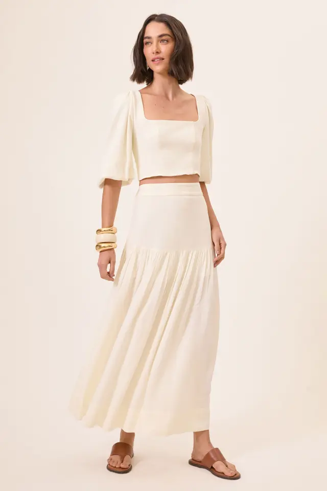 Saia Maxi Vitória Off-White de Linho